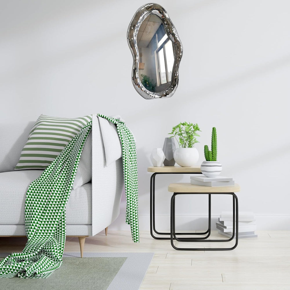 Wavy Disco Mirror, 16in Silver Tabletop Wall Decor with Stand