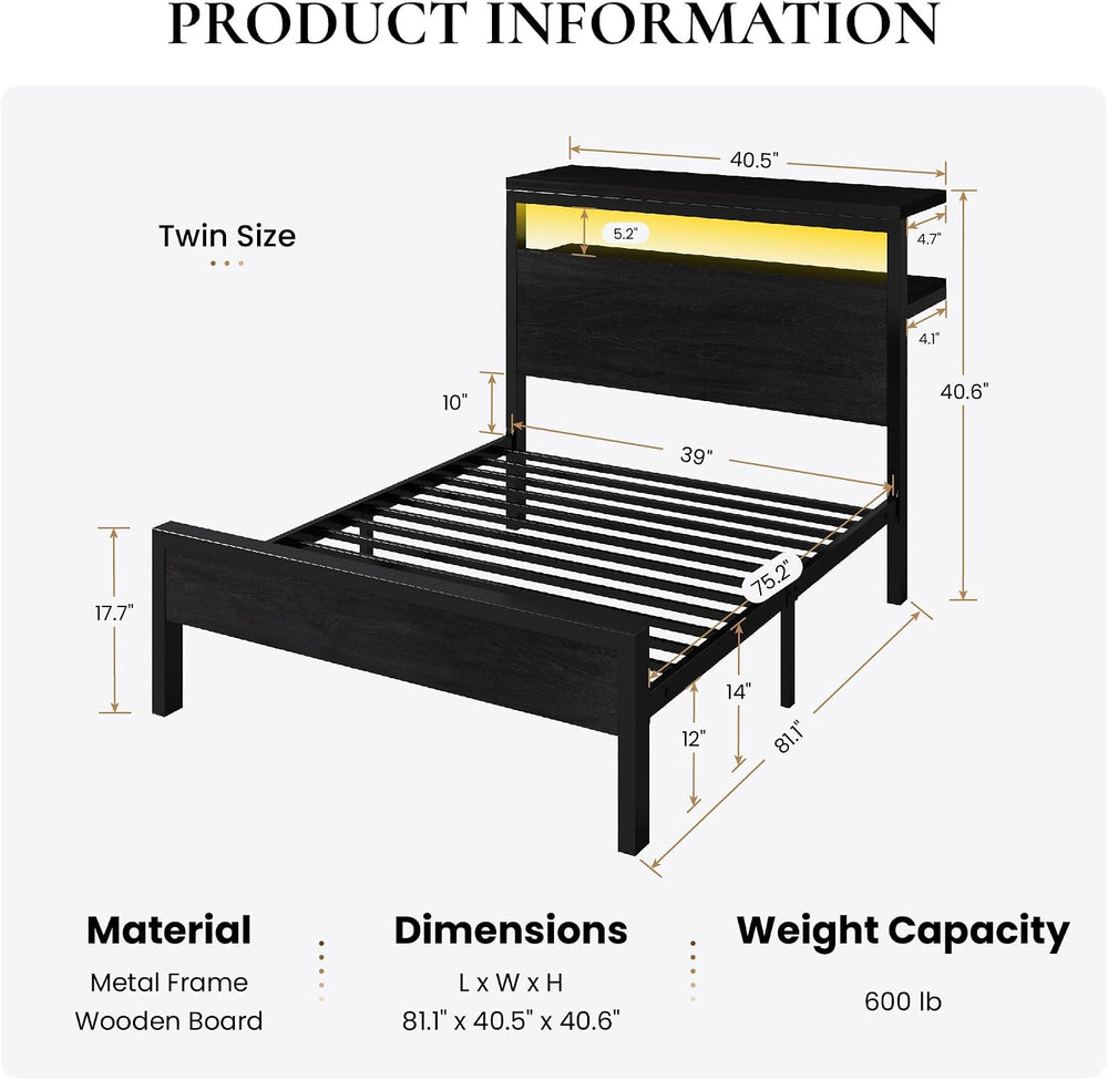 SHA CERLIN Twin Bed Frame, 2-Tier Storage Headboard, LED, Charging Station