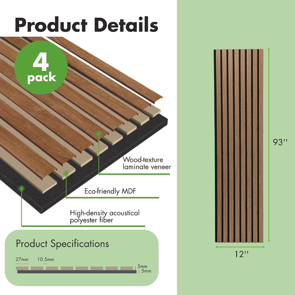 Art3d 12" x 93" Acoustic Wood Slat Wall Panel, 4pcs, 31 sq.ft, Deep...