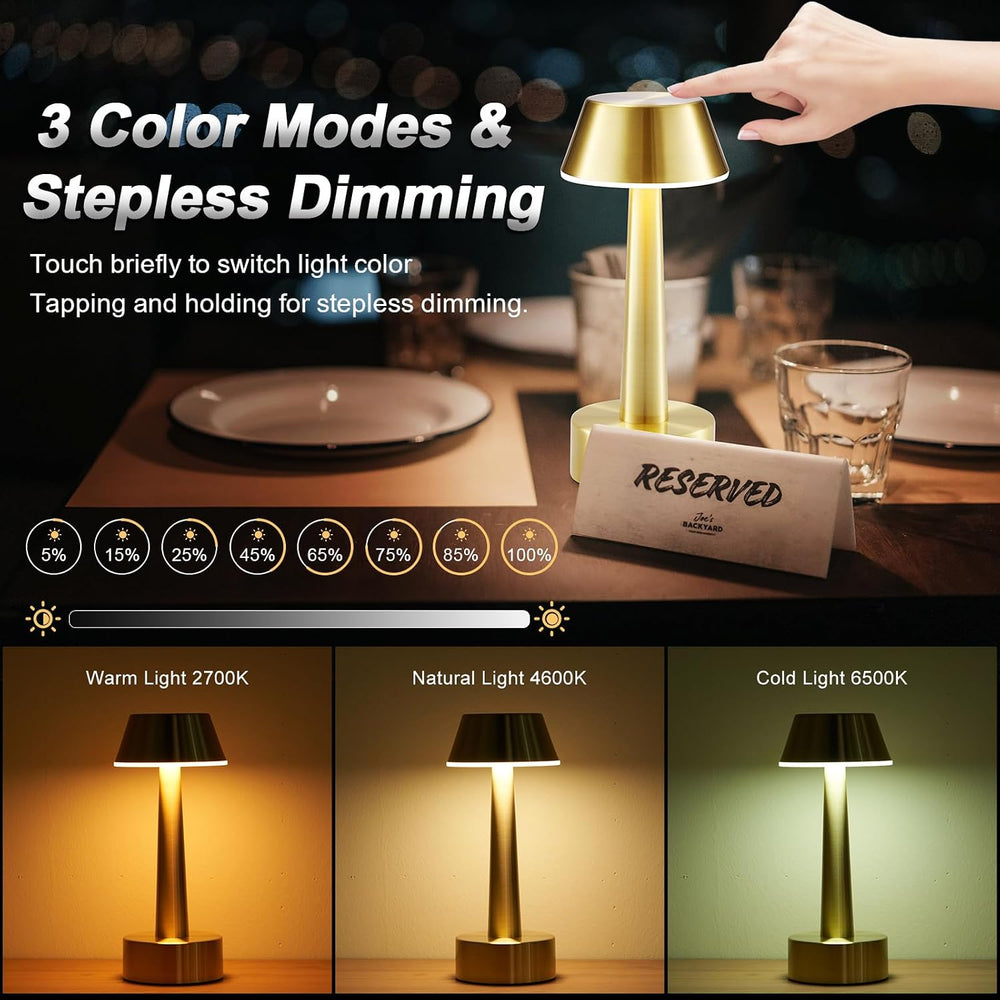 2 Pack Small Cordless Table Lamp for Restaurant, Gold Metal Lamp
