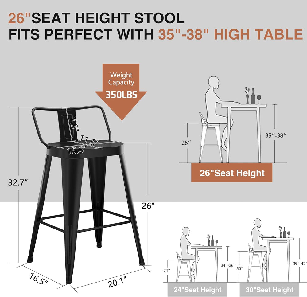 ALISH Bar Stools Set of 4, 26 Inch Counter Height Stools with Back, Black