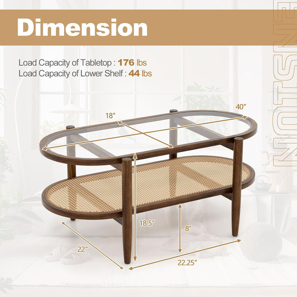 KOTEK Oval 2-Tier Rattan Coffee Table with Curved Wood Frame (Brown)