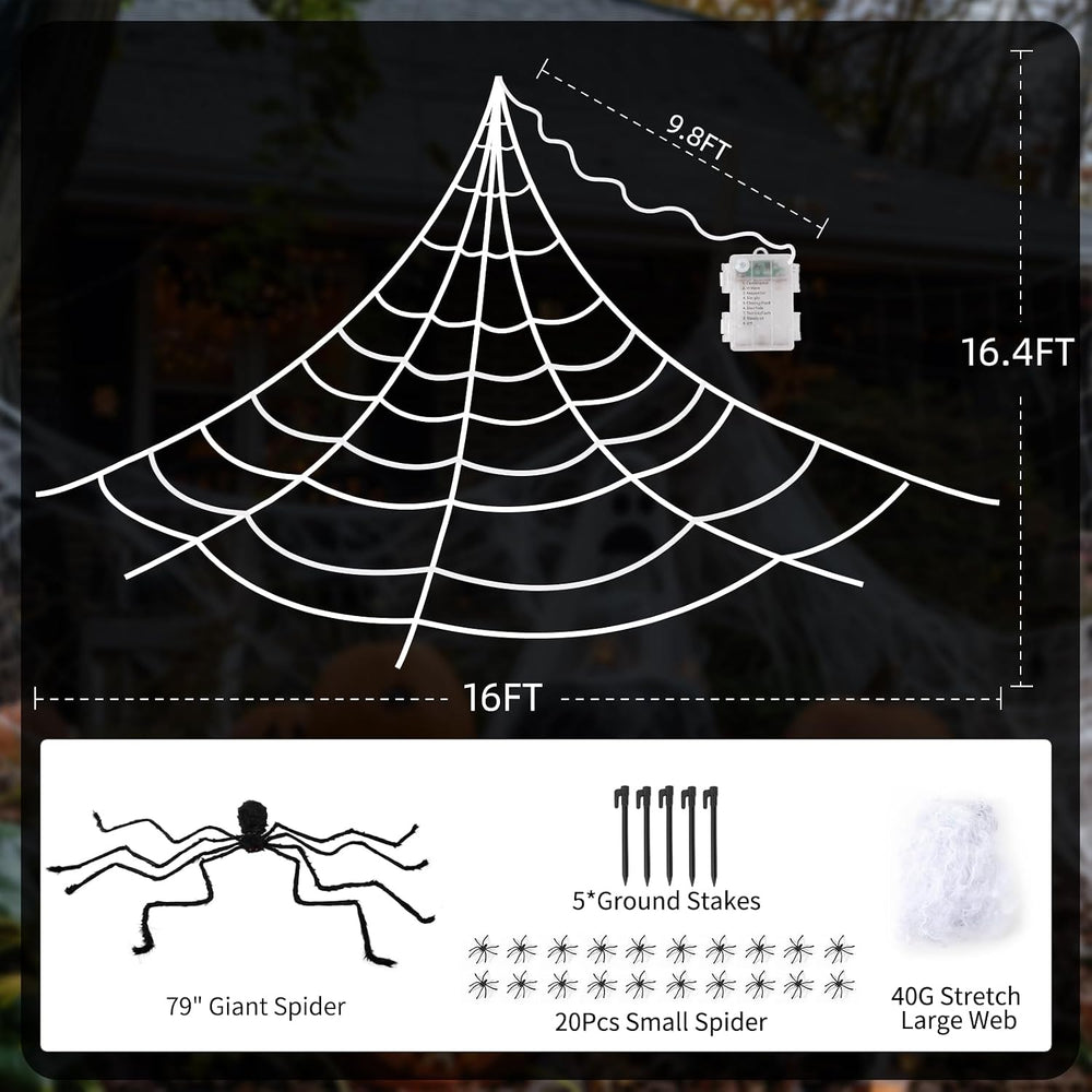 Spider Webs Halloween Decorations Outdoor Lights, 250 LED 16.4ft Halloween Sp...