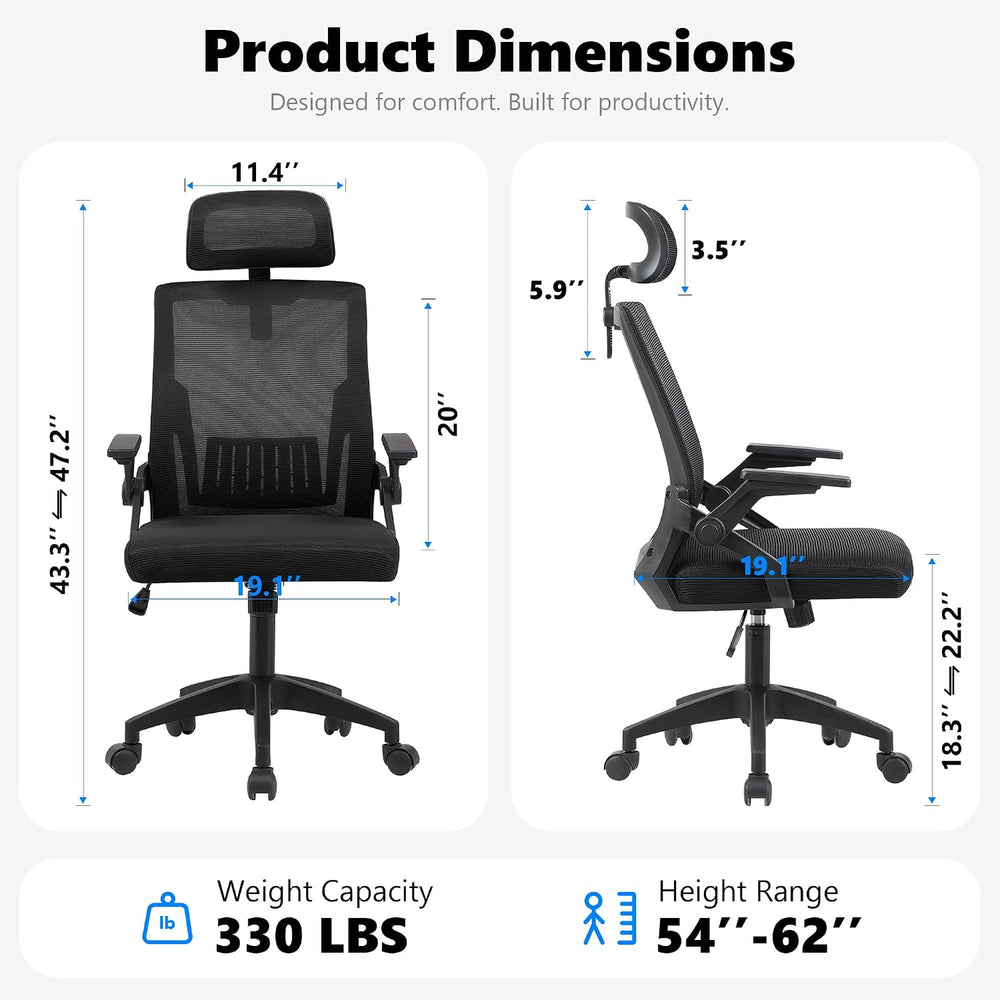 High Back Mesh Office Chair Small Desk Chairs with Flip-up Armrests,Black