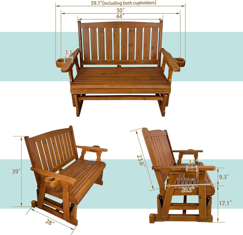 Fortune Candy Wooden Patio Glider, Slat Back, Cedar Tone, 2-Seater