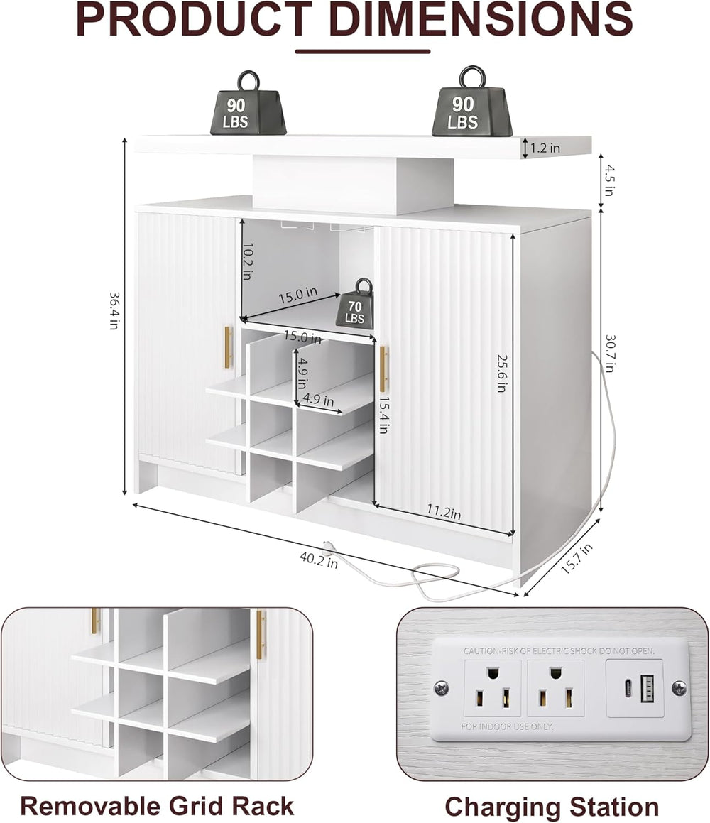 DreamDashio White Wine Cabinet, Fluted Coffee Bar with LED & Outlets
