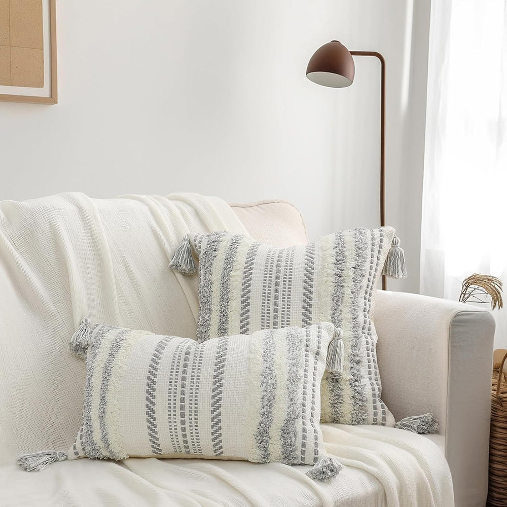 decorUhome Grey and Cream White Throw Pillow Covers 12x20 Set of 2
