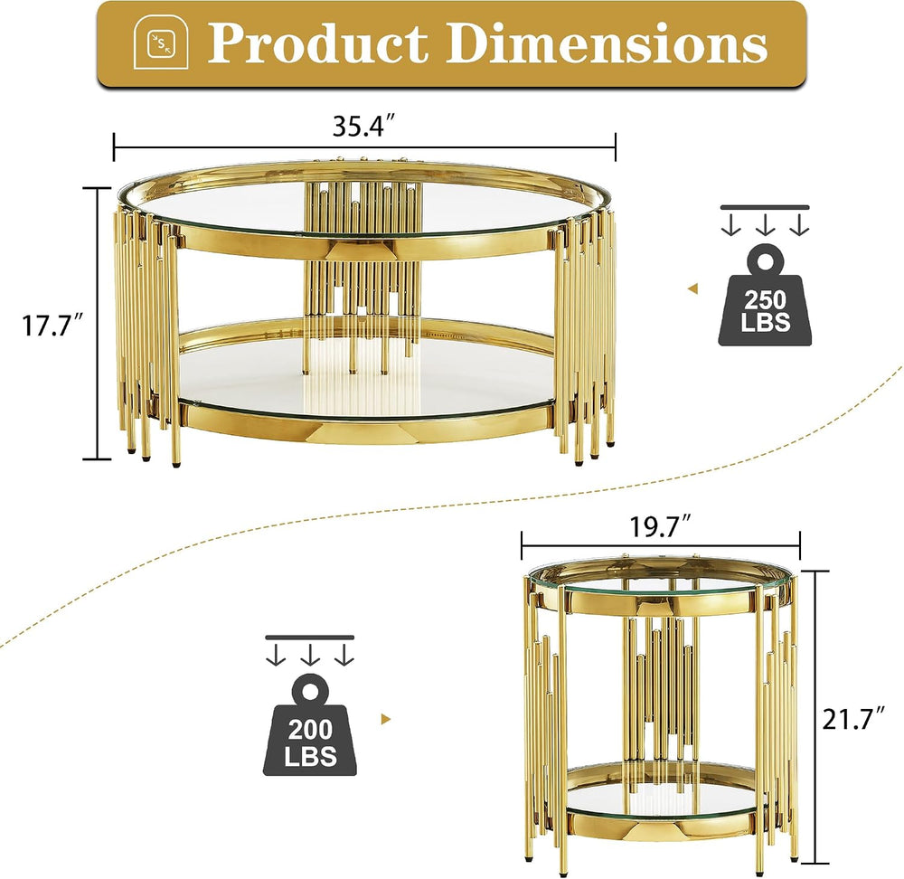 Round Glass Coffee Table Set of 3, Gold and Clear Modern Living Room Table Se...