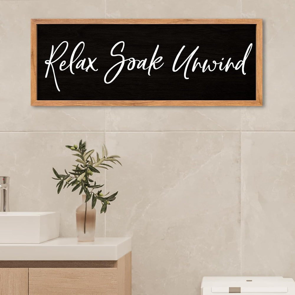 AuraPeak Relax Soak Unwind Sign Bathroom Wall Decor, Wood Black, 32"×12&...