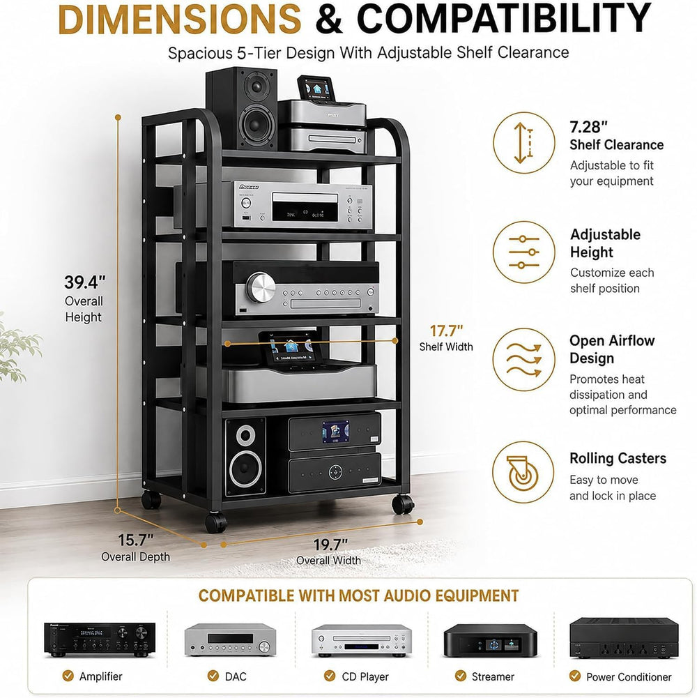5 Tier Av Media Stand with Wheels, 39in Adjustable Audio Rack