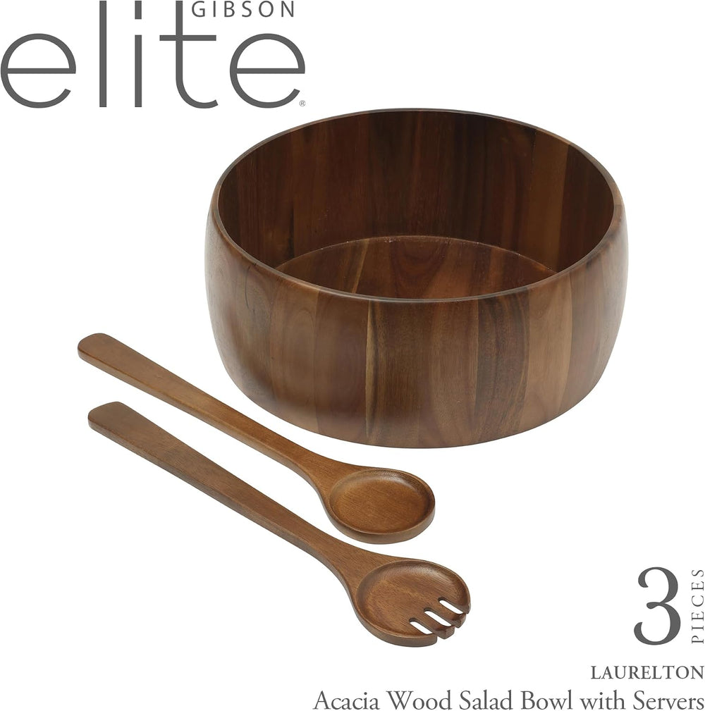 Gibson Home Laurelton 3-Piece Acacia Wood Salad Serving Bowl Set – Large 13-I...