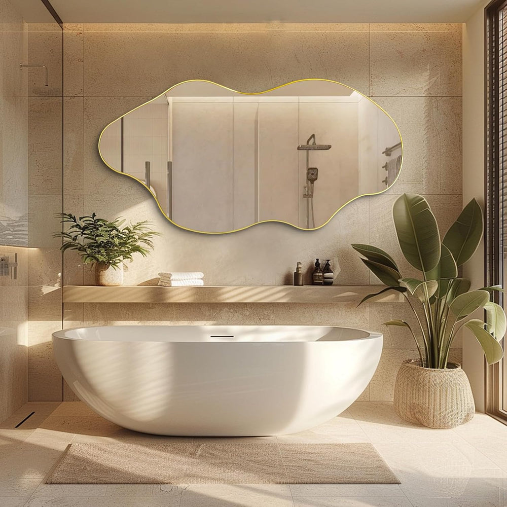 59"x30" Large Irregular Wall Mirror, Gold Frameless Mirror