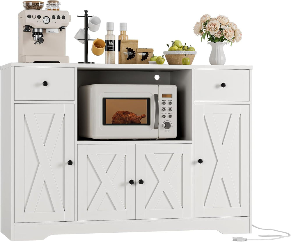 HOSTACK Microwave Cabinet with Power Outlets, 47" W Microwave Stand, White
