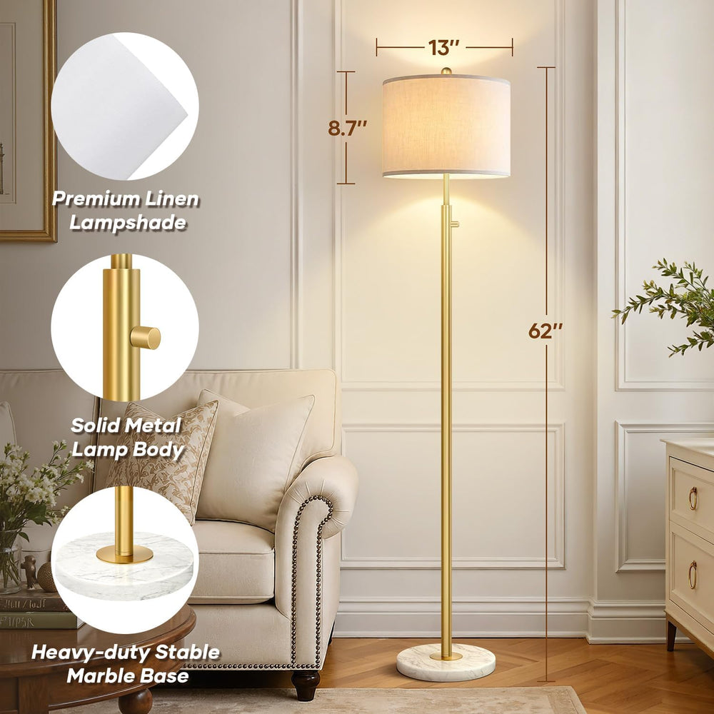 Nintiue Dimmable Gold Floor Lamp, Turkish Marble Base, White Linen Shade