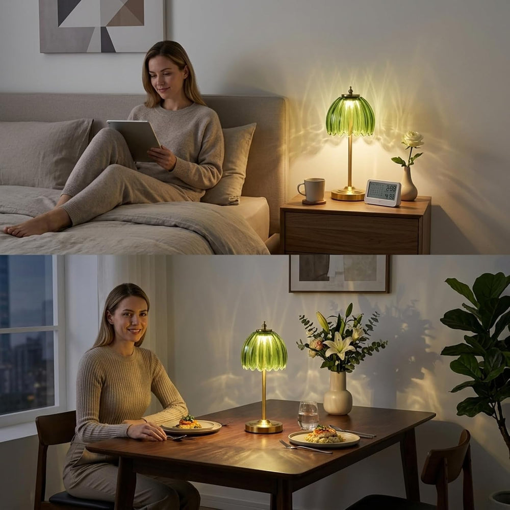EJQ Glass Tulip Rechargeable Table Lamp, Cordless Flower Table Light -Green