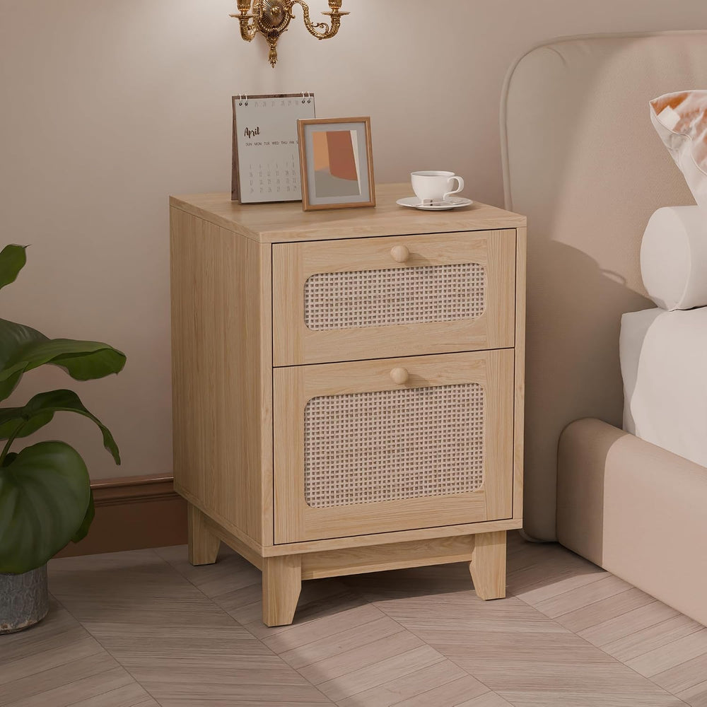 Rattan Nightstand, Boho Side Table with Drawer, Cane Accent Bedside End Table...
