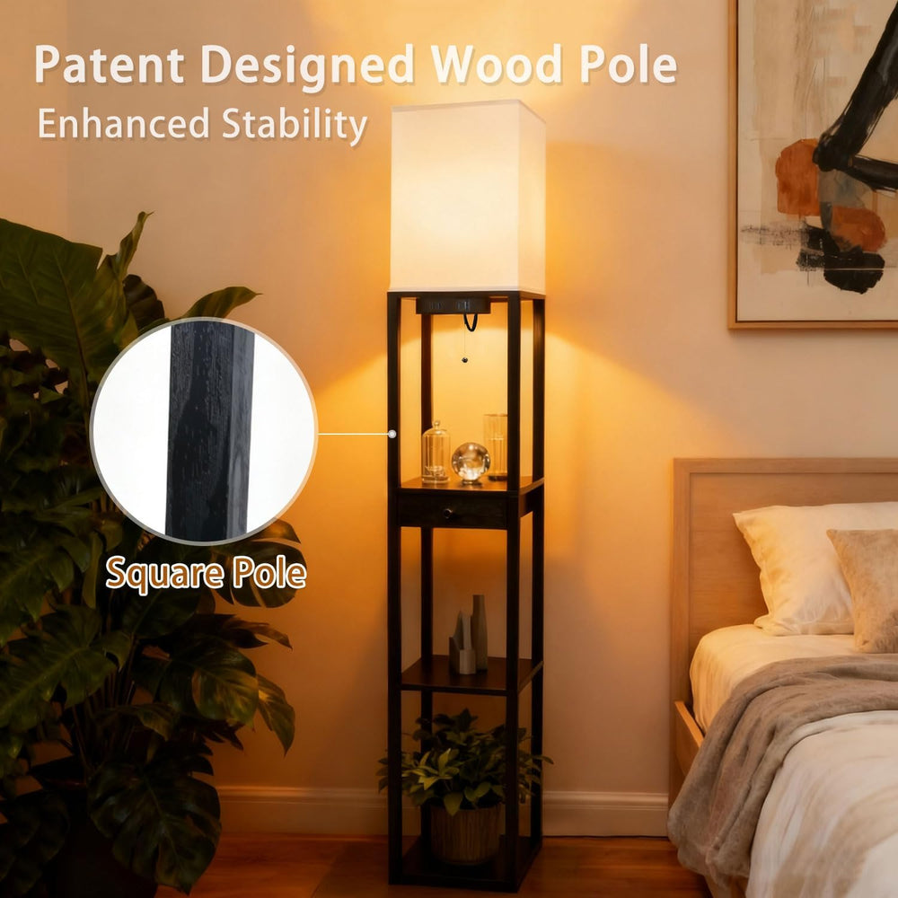 Shelf Floor Lamp with 1 Drawer,2 USB-C Ports,1 AC Outlets, Modern Wood Floor ...