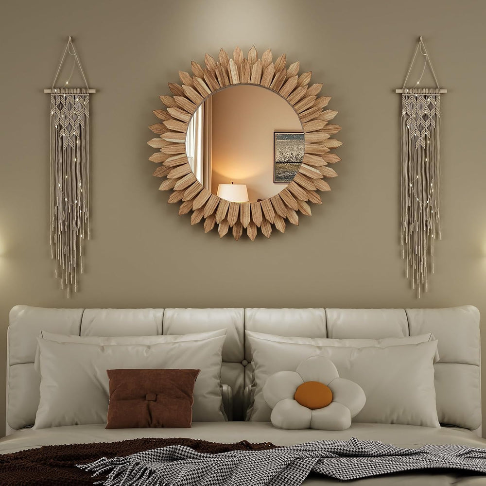 28" Round Sunburst Wooden Mirror Boho Rustic Wall Decor
