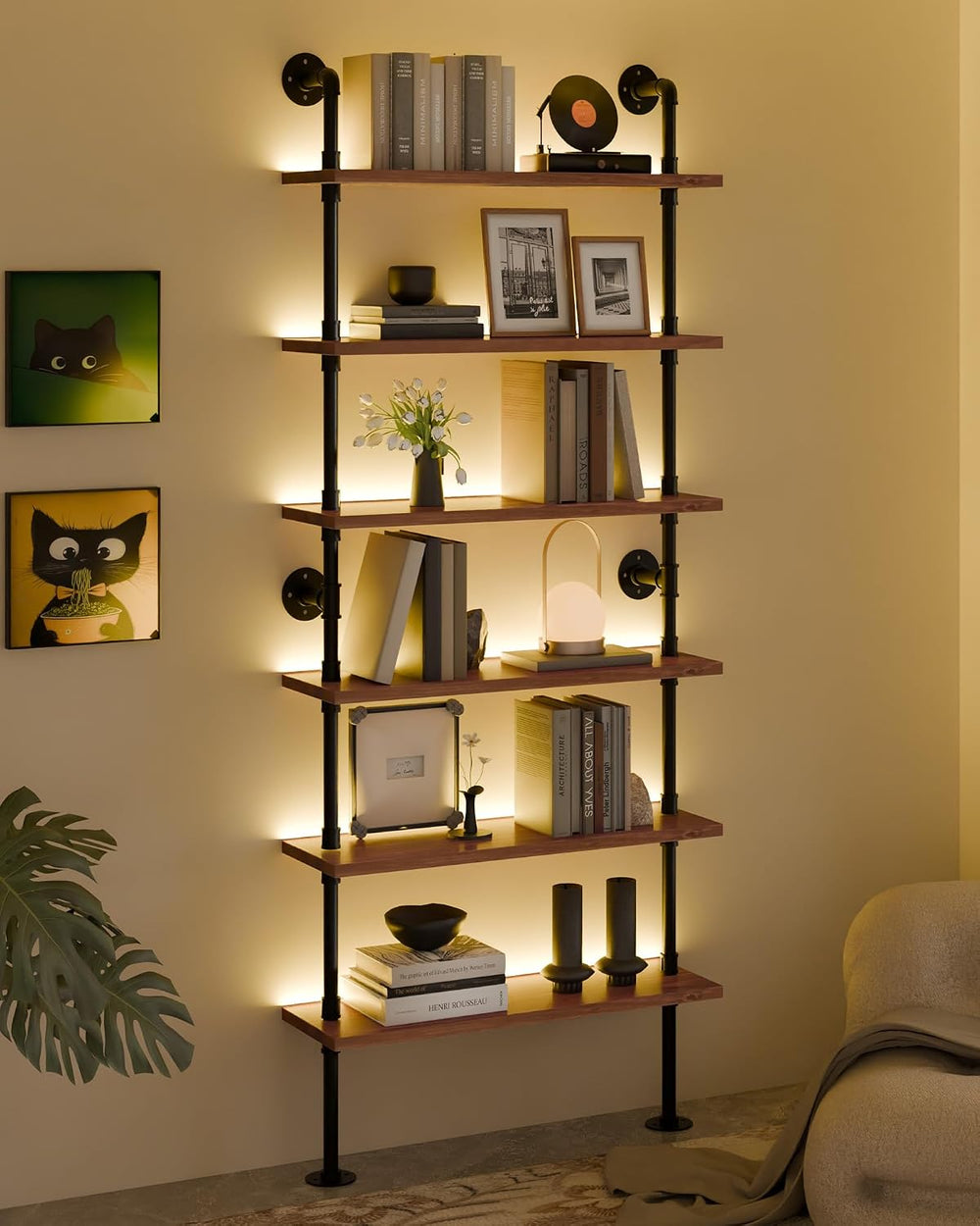 6-Tier LED Ladder Shelf, Wall Mounted Pipe Bookshelf, Walnut Brown 36 Inch