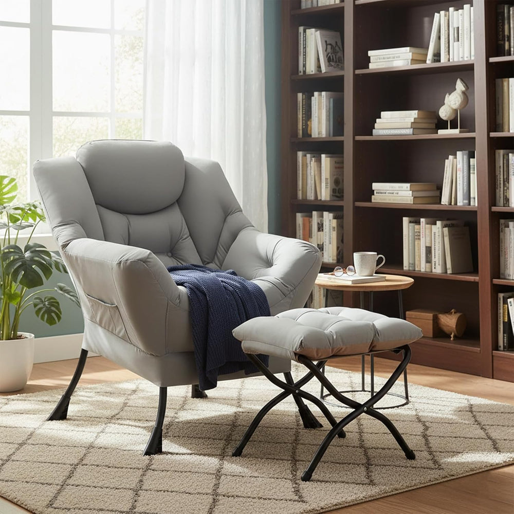 Welnow Lazy Chair with Ottoman, Reading Chair with Footrest,Soft Gray