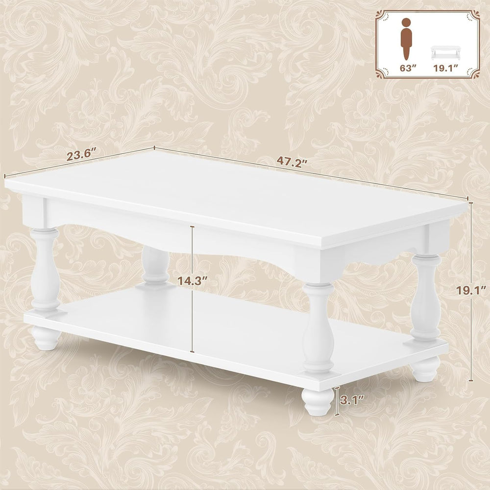 Besiost 47" Farmhouse Coffee Table with 2-Tier Storage, White