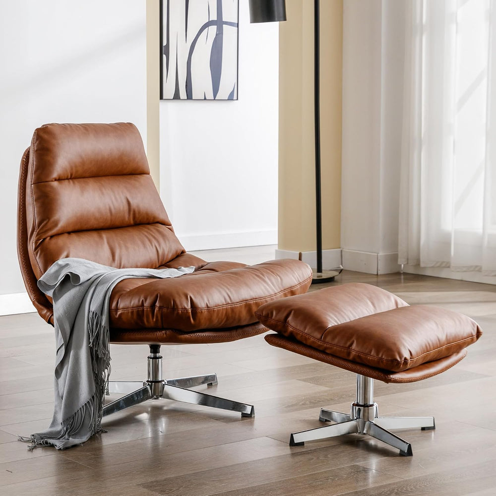 Modern Swivel Accent Chairs with Ottoman Set of 2, PU Leather Oversized Armle...