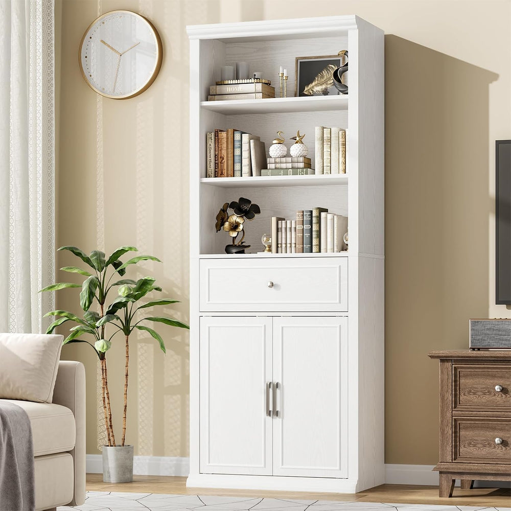 Rresyet Bookshelf with Doors and Drawers, 6-Tier, 72 Inch, White