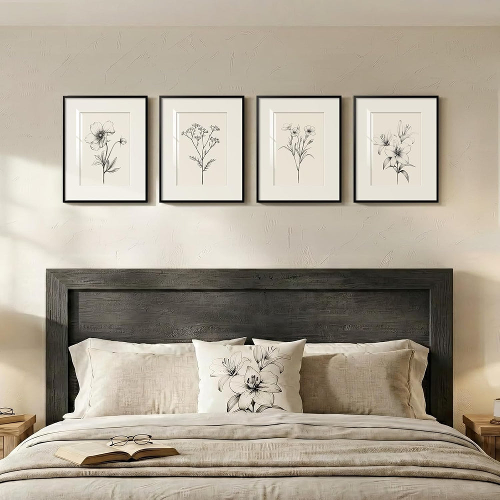 Framed Black and White Botanical Wall Art for Bathroom, 4 Piece 11x14 In
