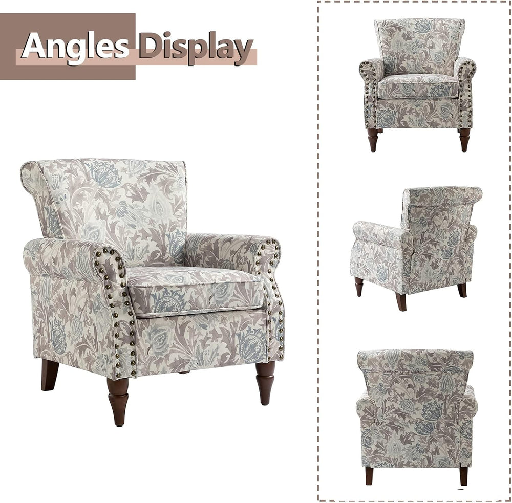 HULALA HOME Traditional Floral Accent Chair with Solid Wood Legs, Grey