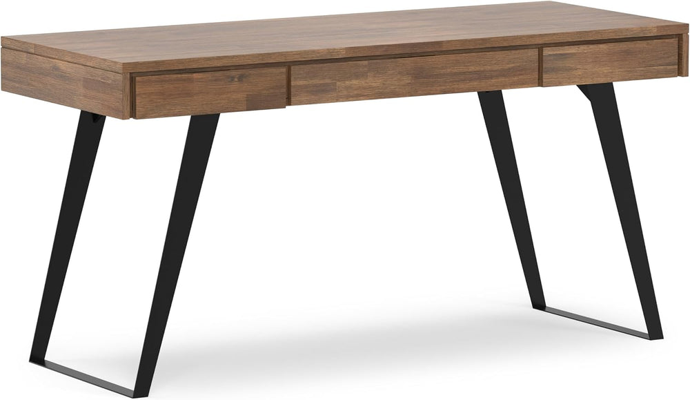 SIMPLIHOME Lowry 54" Wide Solid Acacia Wood Writing Desk in Natural Brown