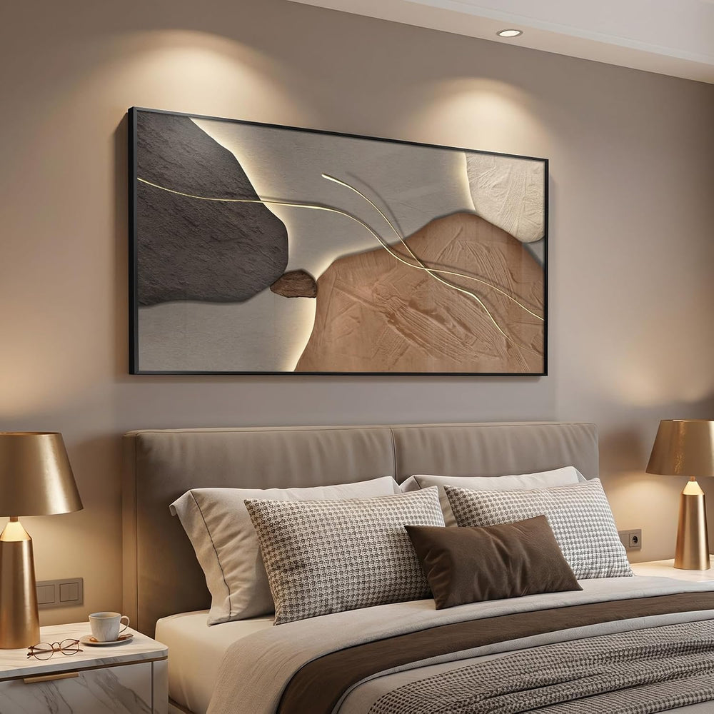 Horizontal Framed Abstract Brown Tan Wall Art for Living Room, 56x28 Inch