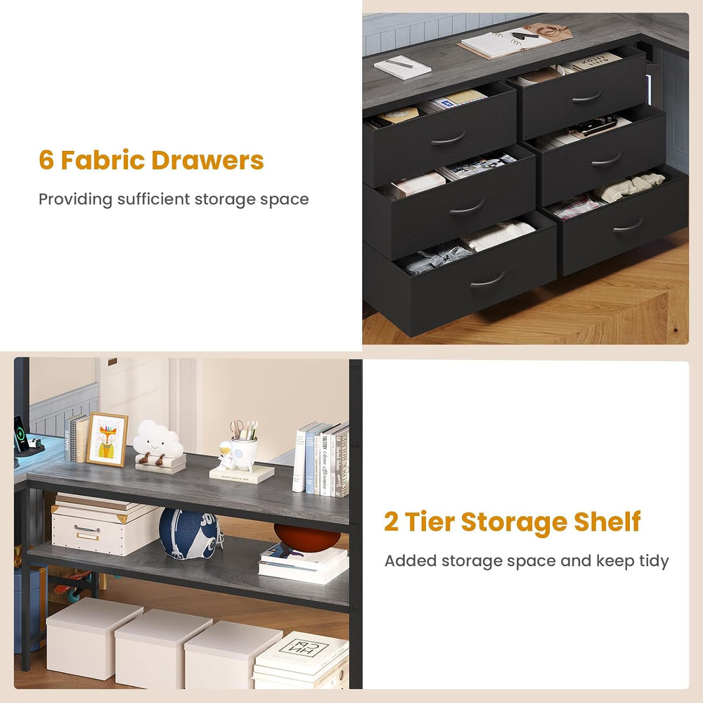 ADORNEVE Loft Bed Full Size with U-Shaped Desk, 6 Storage Drawers, Grey