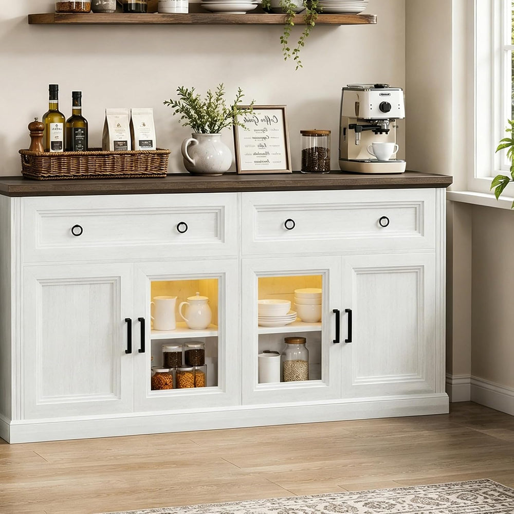 63'' Sideboard Buffet Cabinet with Power Outlet, Antique White