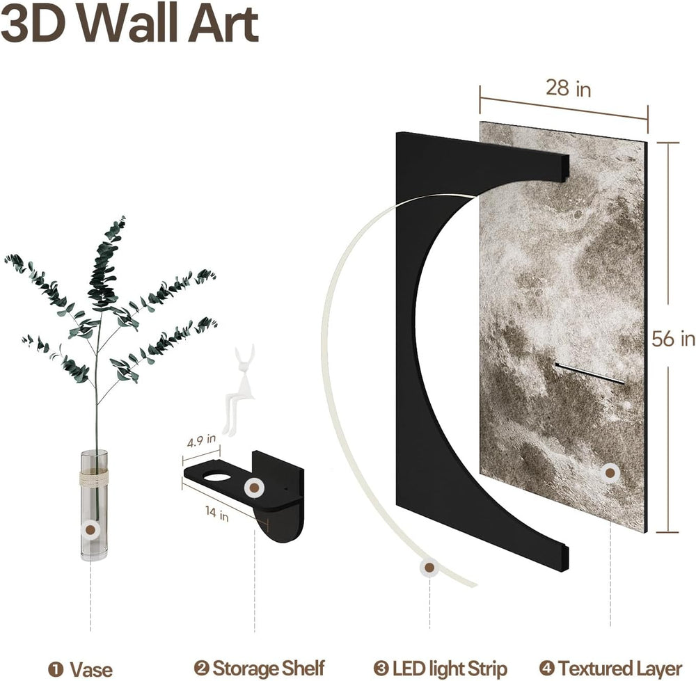 Large 3D LED Moon Wall Art Decor for Living Room, Modern Black 30x60 Inch