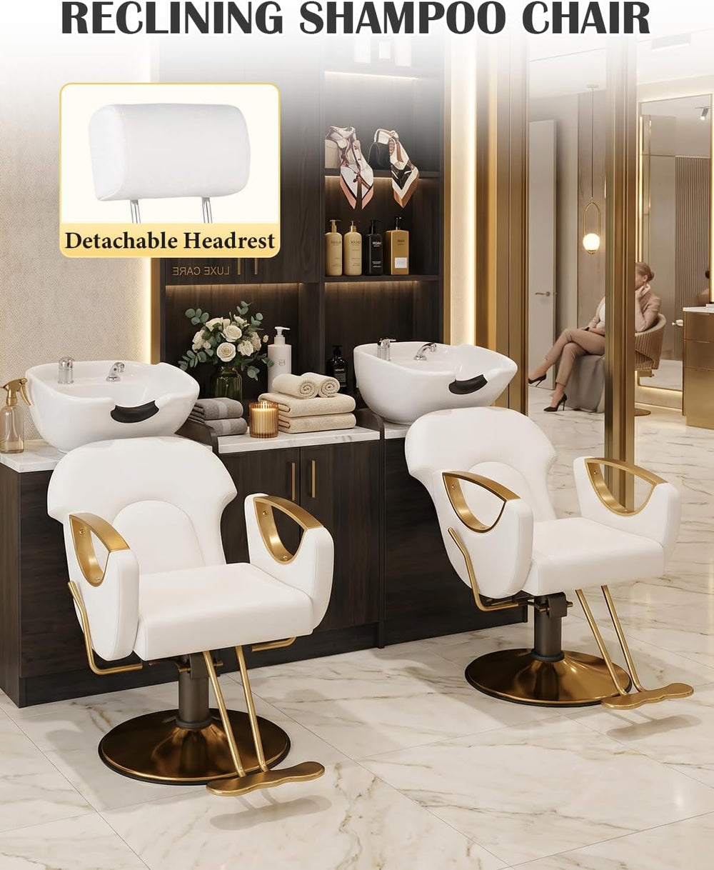 Salon Barber Chair for Hair Stylist, White Styling Chair with Height‑Adjustab...