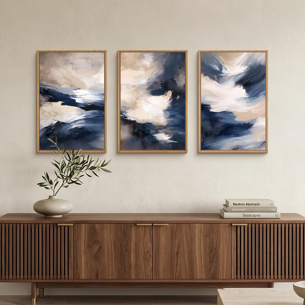 HLNIUC Blue Beige Abstract Wall Art Set of 3(16x24), Navy Brush Stroke Modern...