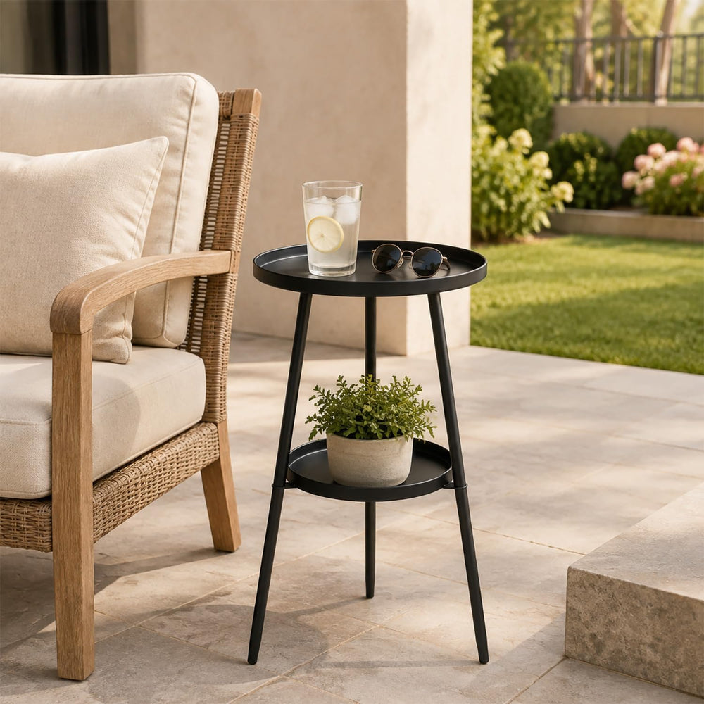 2-Tier Metal Outdoor Side Tables Set of Two 12.6" Round Black End Tables...