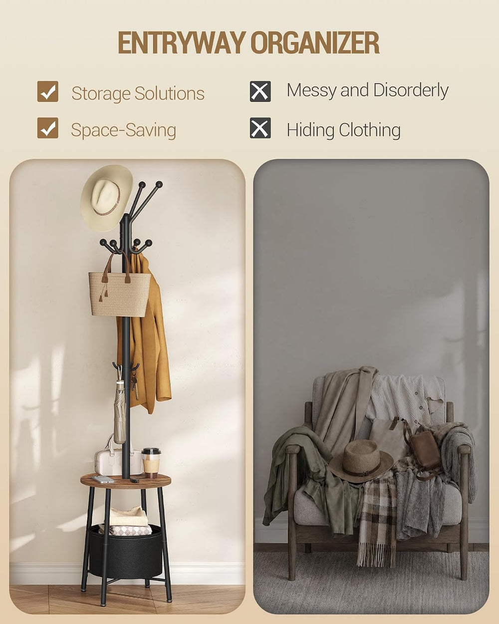 Hzuaneri Coat Rack, Free Standing Coat Stand with Large Storage Basket
