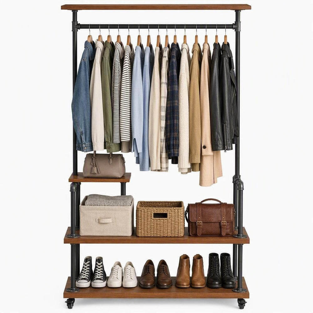Industrial Pipe Clothing Rack, Rolling Clothes Rack, Wood Garment Rack