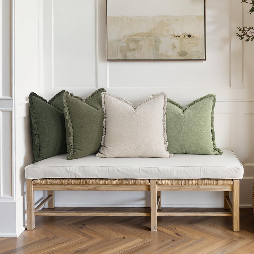 MIULEE Fall Linen Fringe Pillow Covers Set of 4 18x18 Beige/Sage Green