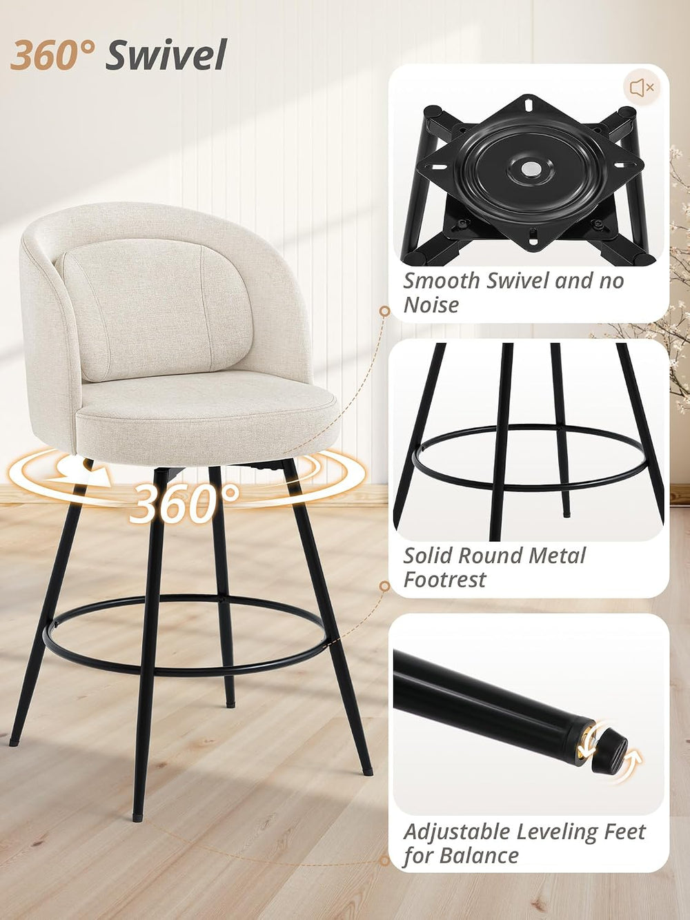 LUE BONA 26''H Swivel Bar Stools Set of 2, Counter Height Bar Stools ...