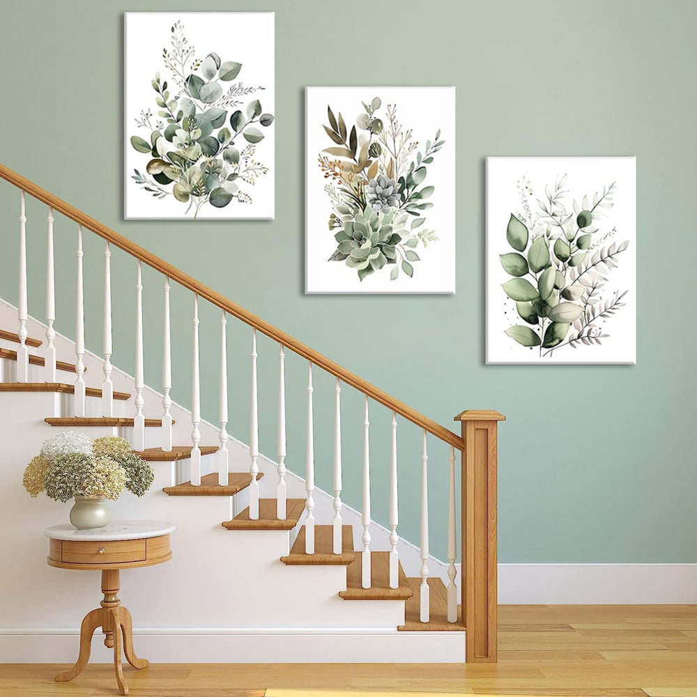 Bwodke Sage Green Botanical Canvas Wall Art Set of 3, 12x16 inch