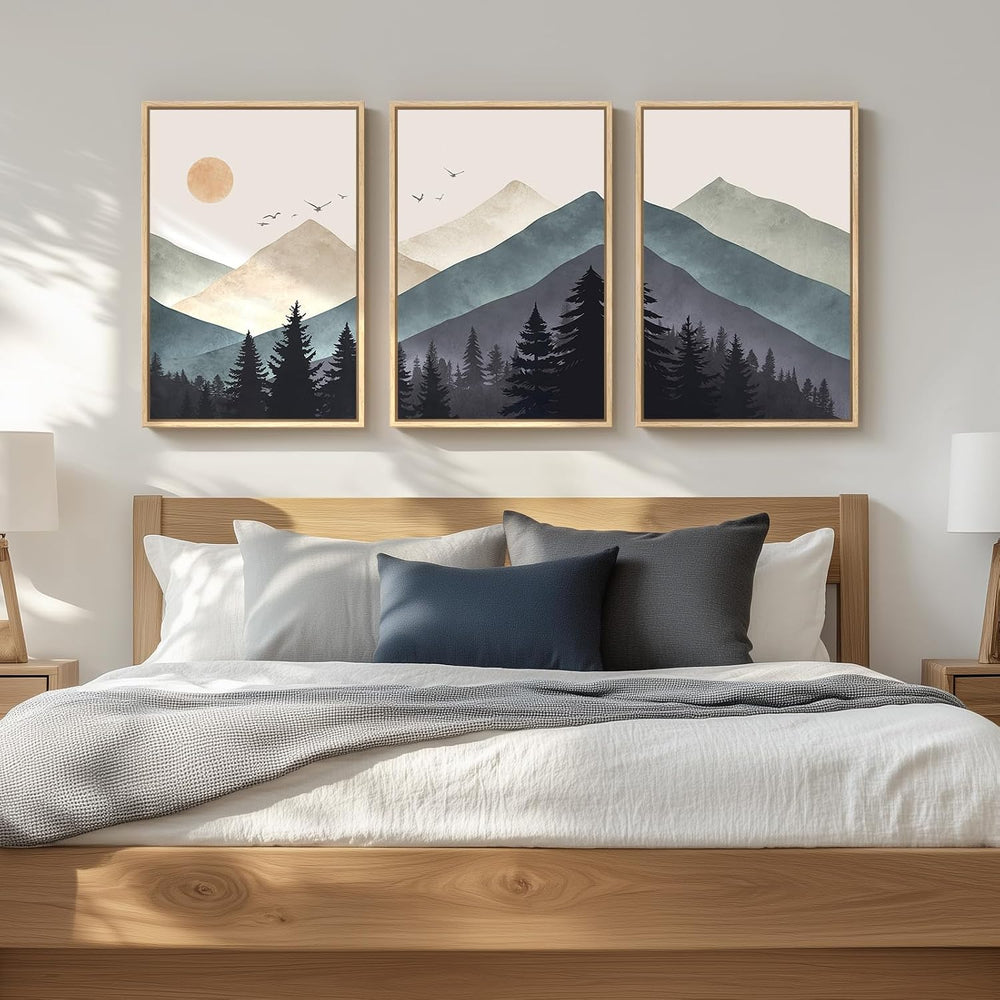 Large Framed Boho Mountain Landscape Wall Art for Living Room, 24x36 Inch