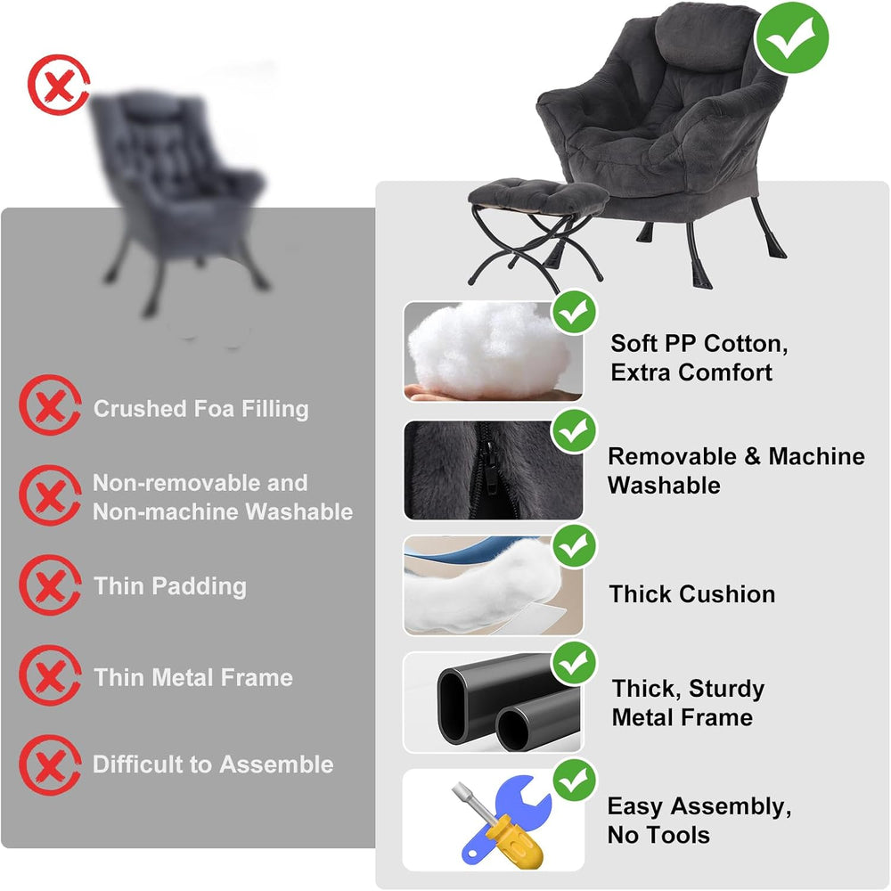 Furlide Lazy Chair with Ottoman, Soft Comfy Chair for Bedroom, Navy