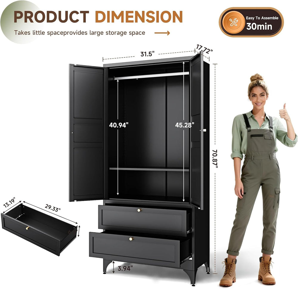 Letaya 71" Metal Wardrobe Cabinets with 2 Drawers,Steel Armoire Wardrobe...