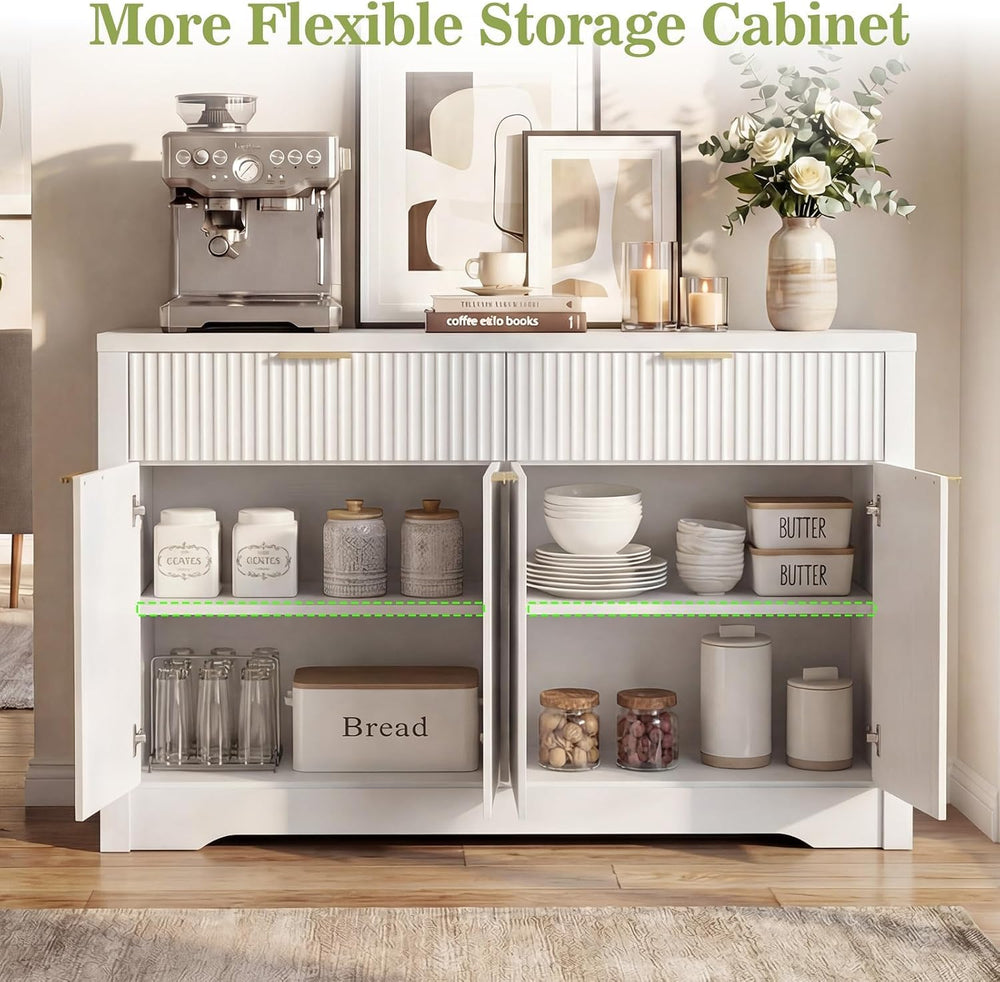Cyclysio 55" Fluted Sideboard Buffet Cabinet with Drawers (White, 4 Doors)
