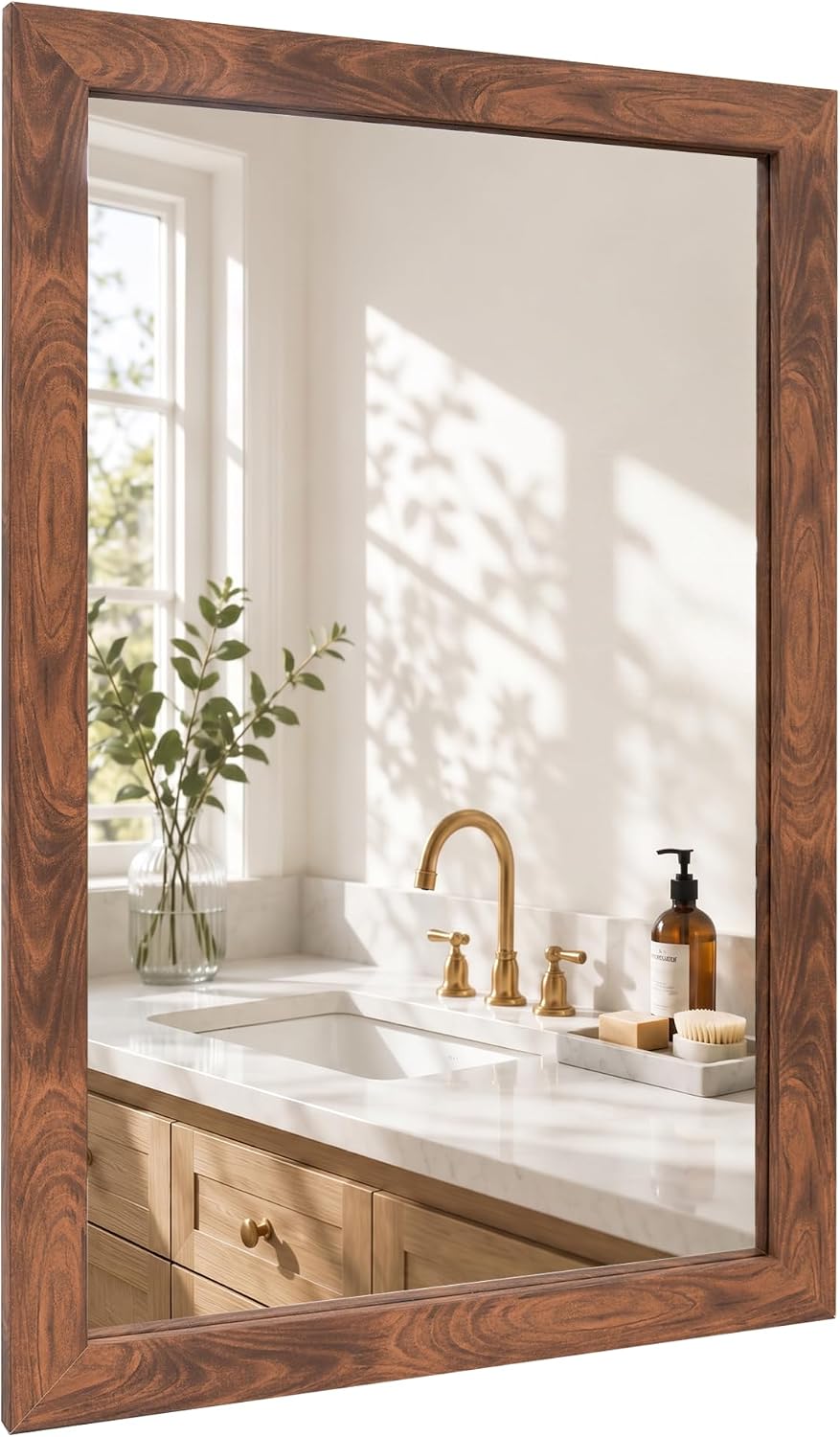 Walnut 24x36 Inch Wood-Grain Rectangular Wall Mirror