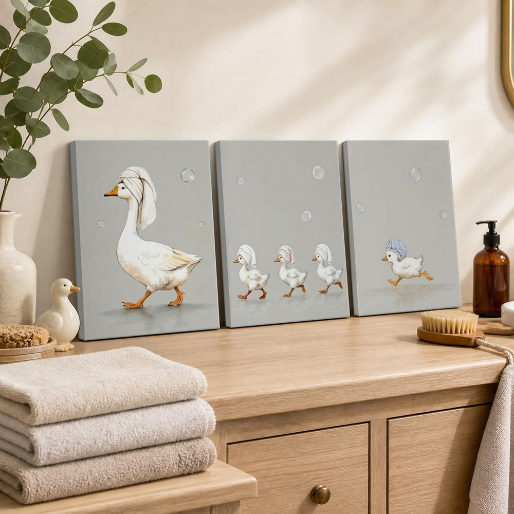Funny Goose Bathroom Wall Art Set of 3, Cute Duck Bath Wall Decor Painting, W...