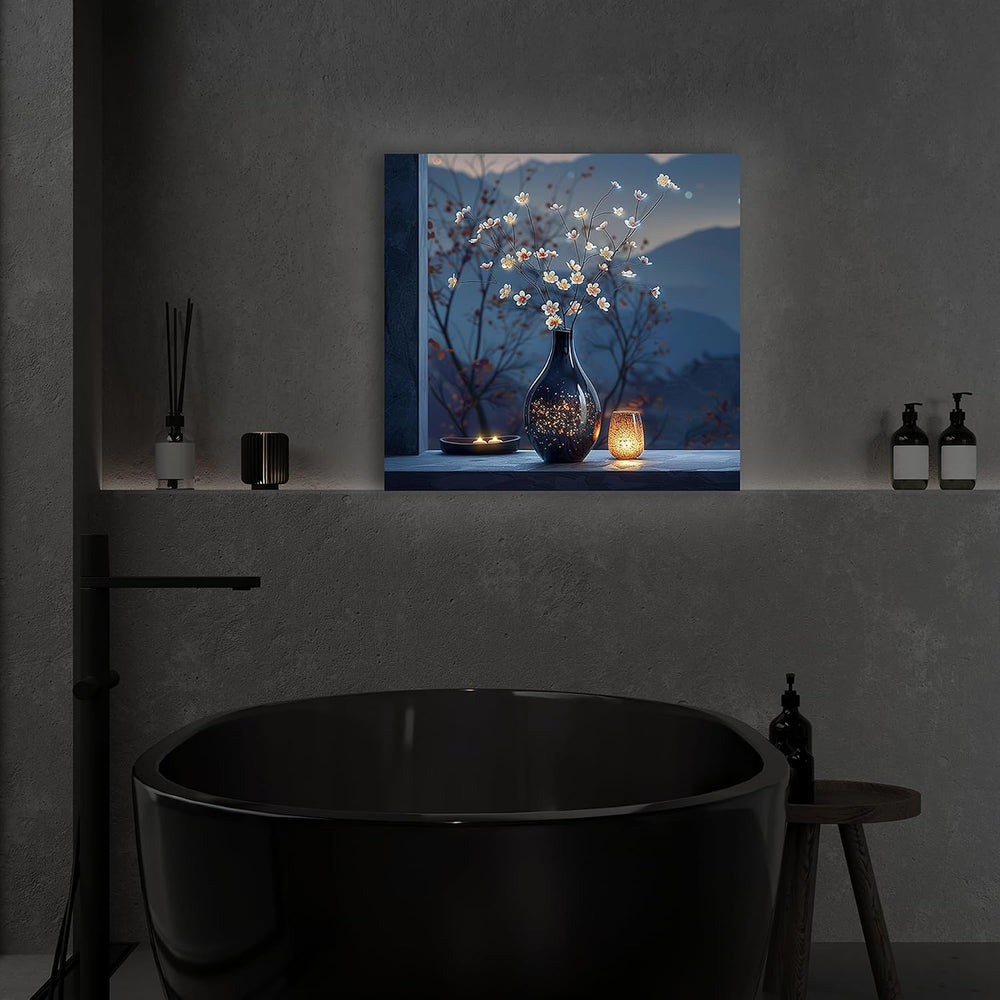 LED Cherry Blossom Vase Canvas Wall Art, Light Up Floral Picture with Black V...