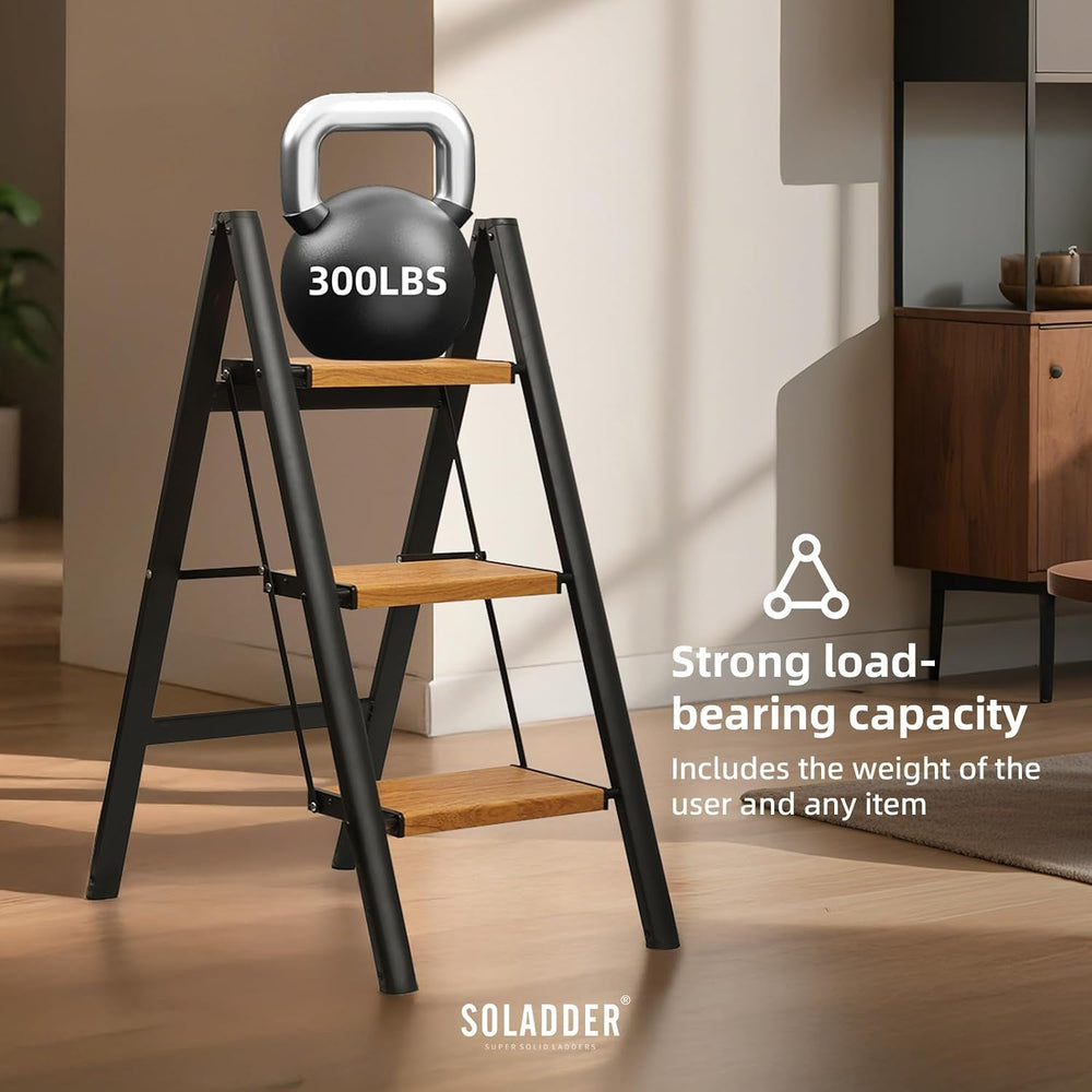 SOLADDER 3 Step Ladder, Folding Step Stool, Black & Woodgrain